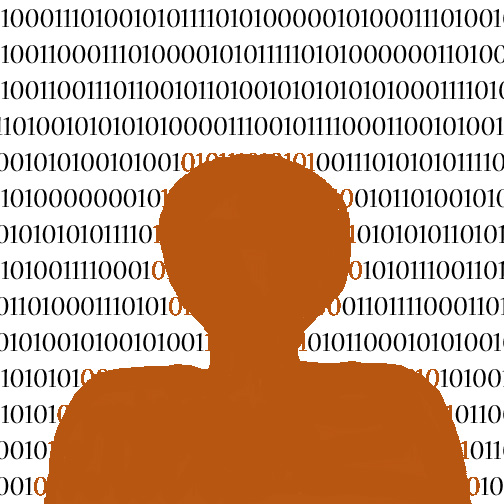 A rust-colored silhouette of the shoulders and head of a person in front of a screen of zeros and ones in random order.  