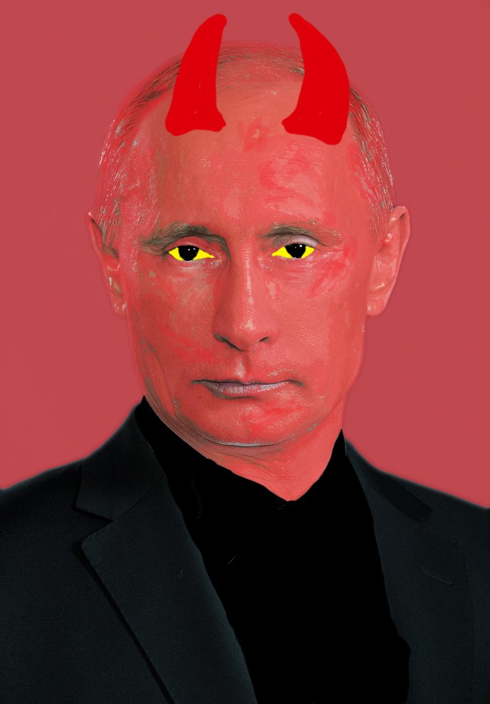 Photo of Vladimir Putin altered to look like the devil. His face is red and he has red horns and yellow eyes. He is wearing black and is in front of a red background,