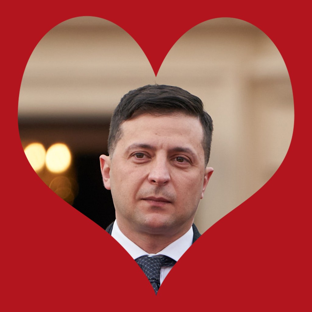Heart-shaped photo of Volodymyr Zelensky with a red background.