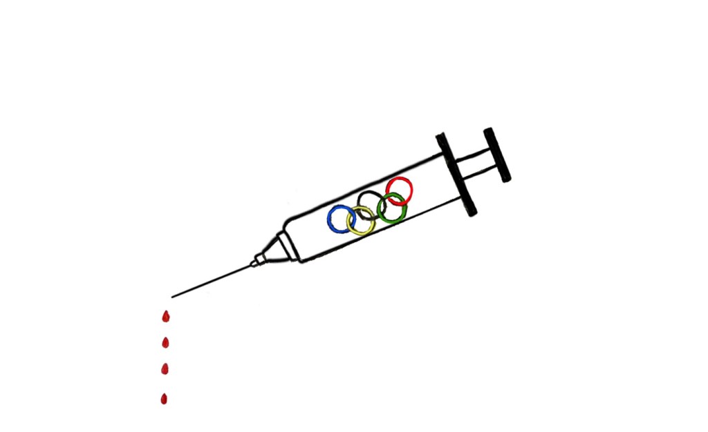 Drawing of a hypodermic needle with the Olympic rings on the barrel and blood dripping from the needle.